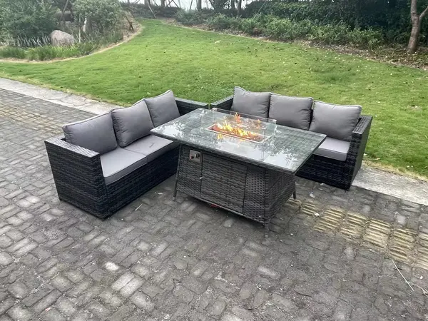 Image of Fimous 6 Seater Outdoor Dark Grey Rattan Lounge Complete Sofa Set with Gas Firepit and Dining Table Heater