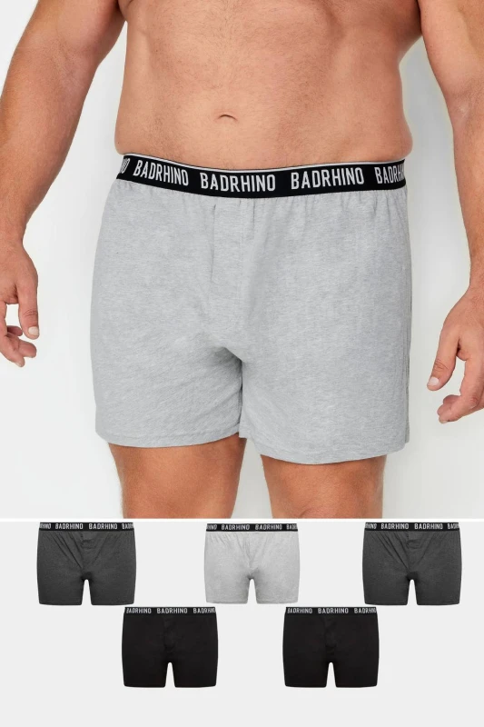 Image of BadRhino Mens 5 Pack Loose Fit Boxers in Grey Size: 3XL Grey Male 3XL