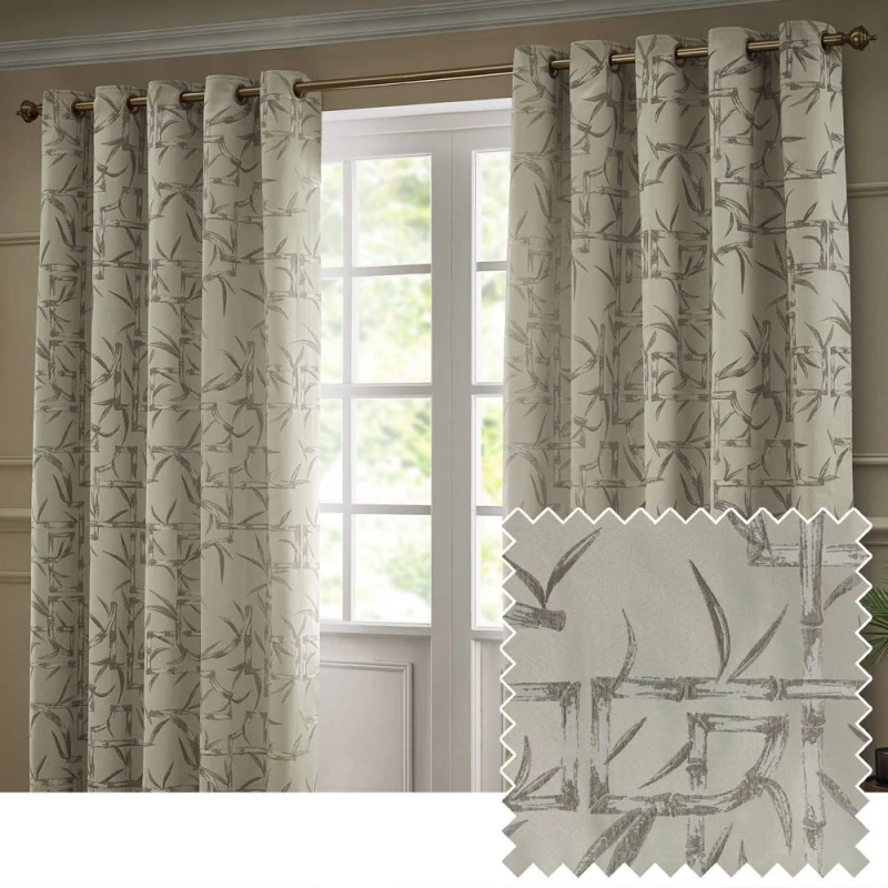 Image of Paoletti Bamboo Fully Lined Jacquard Eyelet Curtain Pair in Beige Size: 229cm width x 137cm drop Beige Unisex 229cm width x 137cm drop