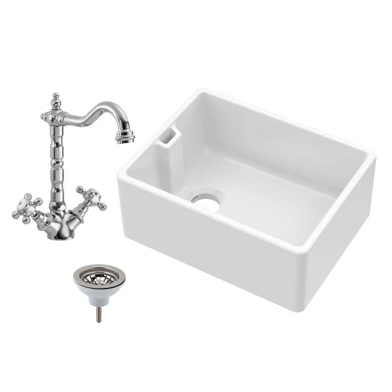 Image of Balterley 1 Bowl Fireclay Belfast Sink Basket Strainer Waste Sink Mixer Tap White