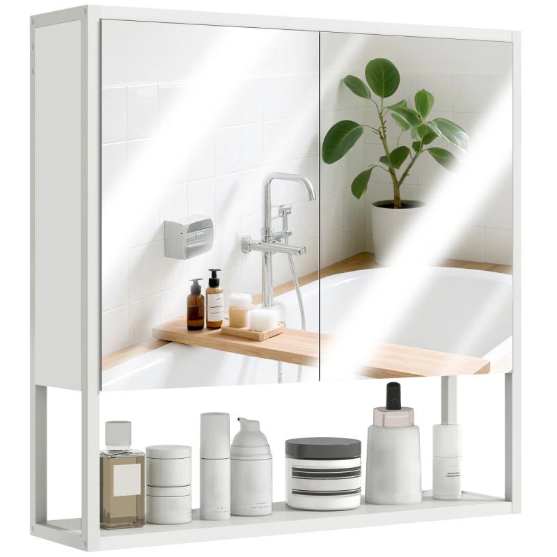 Image of HOMCOM HOMCOM Industrial Bathroom Cabinet with 2 Mirrored Doors Open Shelf, White Size: W600mm x H600mm White W600mm x H600mm Unisex 5063603272224