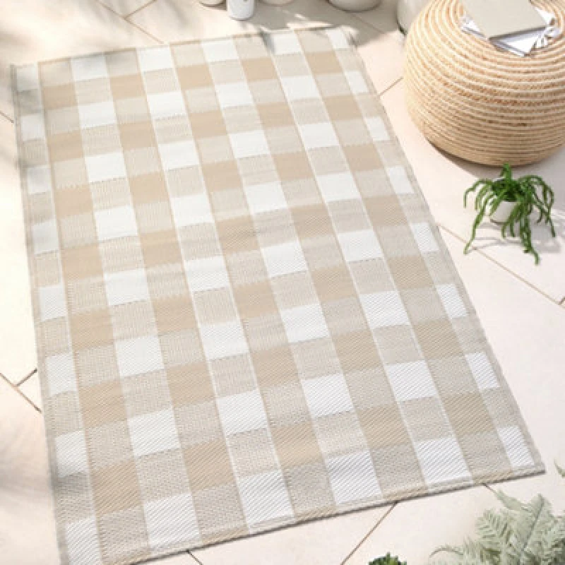 Image of Dreams & Drapes Gingham Classic Check Print Uv Resistant Natural Outdoor Rug