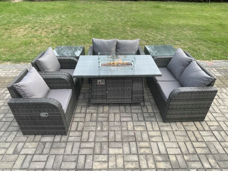 Image of Fimous 6 Seater Rattan Garden Furniture Set Propane Gas Fire Pit Table and Sofa Chair set with 2 Side Tables Dark Grey