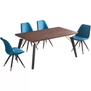 Image of 5 Pieces Life Interiors Vittorio Duke Dining Set - a Rectangular Walnut Dining Table and Set of 4 Blue Dining Chairs - Blue