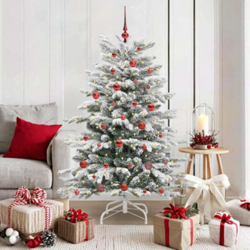 Image of vidaXL Artificial Hinged Christmas Tree with Red Balls White 150cm PE and PVC, White 3395631