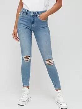 Image of Superdry High Rise Ripped Knee Skinny Jean - Blue Size 28, Inside Leg 32, Women