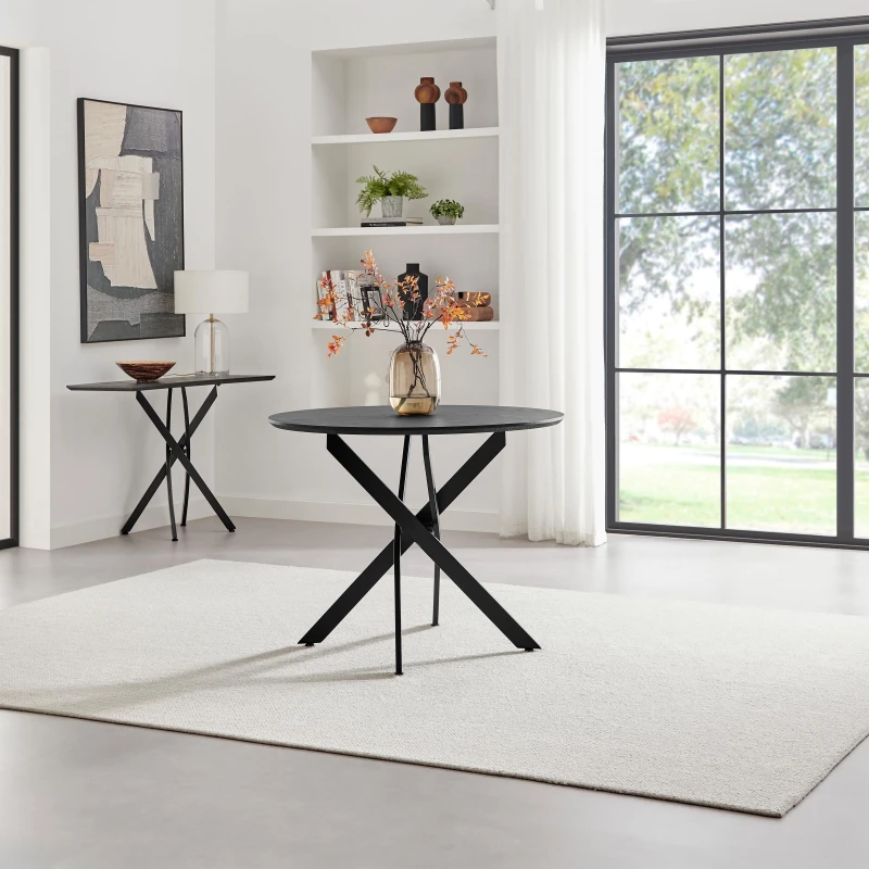 Image of FurnitureboxUK FurnitureboxUK Novara Round Black Wood and Metal 4 Seater Dining Table in Light Oak Light Oak One Size Unisex 5056784308202