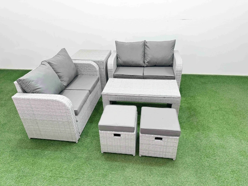 Image of Fimous 6 Seater Outdoor Love Sofa Set Rattan Garden Furniture Set with Oblong Coffee Table 2 Small Stools Side Table Light Grey Light Grey