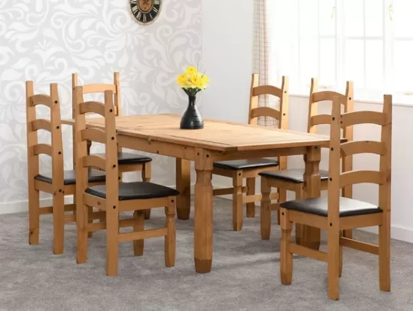 Image of Seconique Corona Pine Extending Dining Table and 6 Brown Faux Leather Chairs