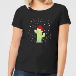 Image of Cactus Santa Hat Womens T-Shirt - Black - 4XL