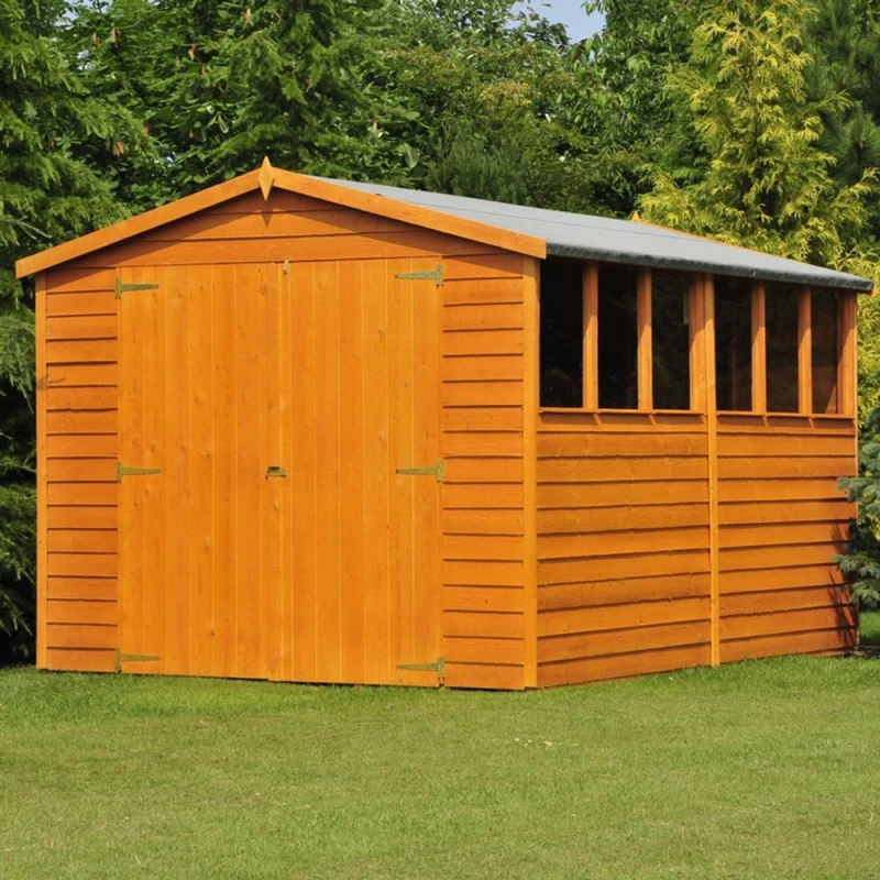 Image of Shires Overlap 10 x 8 Feet Dip Treated Apex Shed Double Door with Windows in Brown Brown Unisex