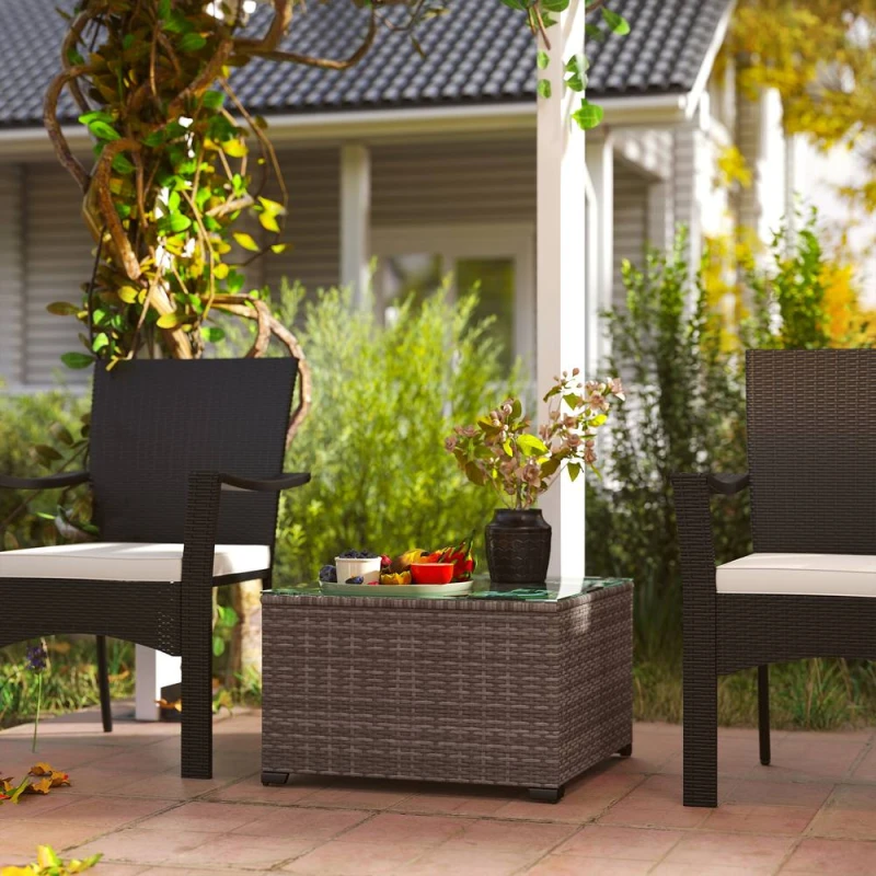 Image of Outsunny Outdoor Coffee Table with Glass Top, Rattan Side Table, Black Black