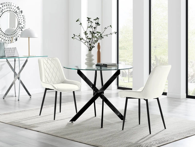 Image of FurnitureboxUK FurnitureboxUK Novara 100cm Round Black Leg Dining Table & 2 Pesaro Black Leg Chairs in Cream Cream One Size Unisex 5056784304419