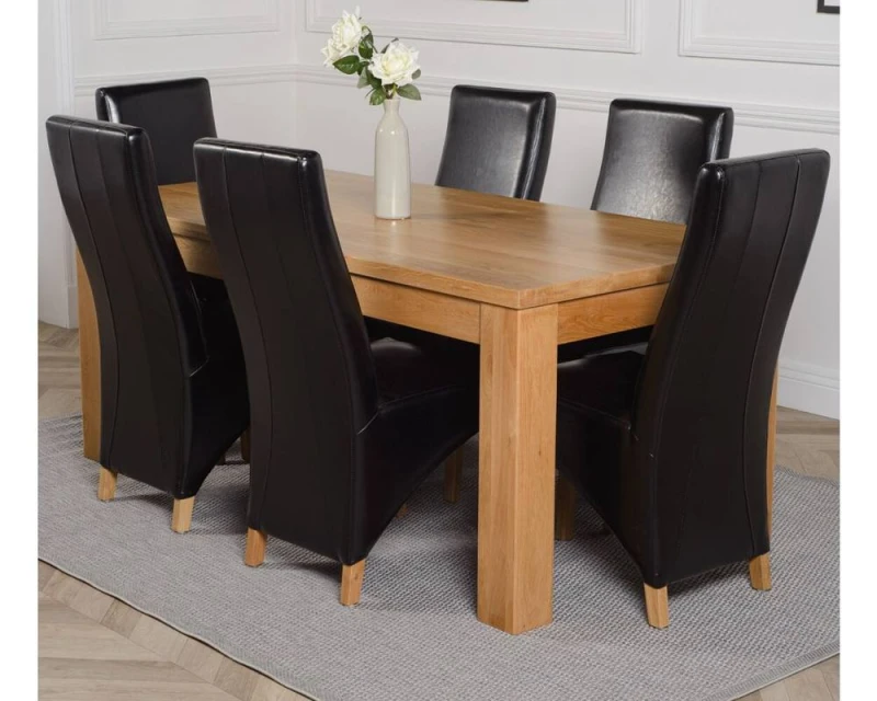 Image of Thats Furniture Dakot 182 x 92cm Oak Large Dining Table & 6 Lola Leather Chairs in Black Size: 182 x 92cm Black Unisex 182 x 92 cm
