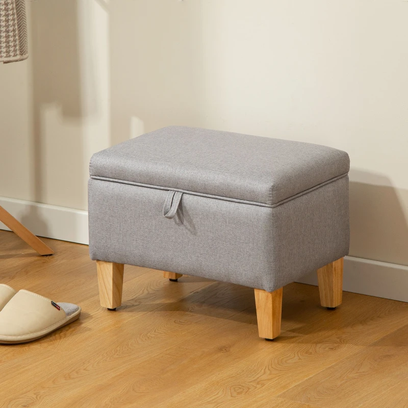 Image of HOMCOM HOMCOM Linen Storage Ottoman Storage Box with Rubberwood Legs, Light Grey Light Grey One Size Unisex 5063603058064