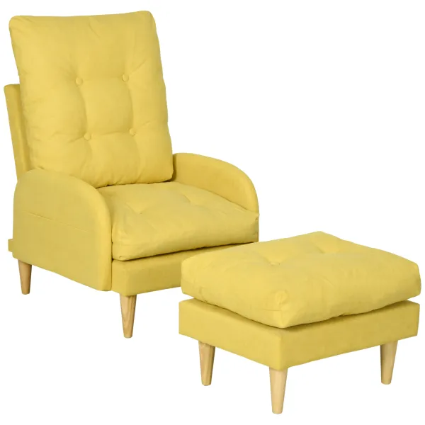 Image of HOMCOM Upholstered Armchair with Footstool Set, Modern Button Tufted Accent Chair w/ Adjustable Backrest, Cushions, Wood Legs and Side Pockets, Yellow