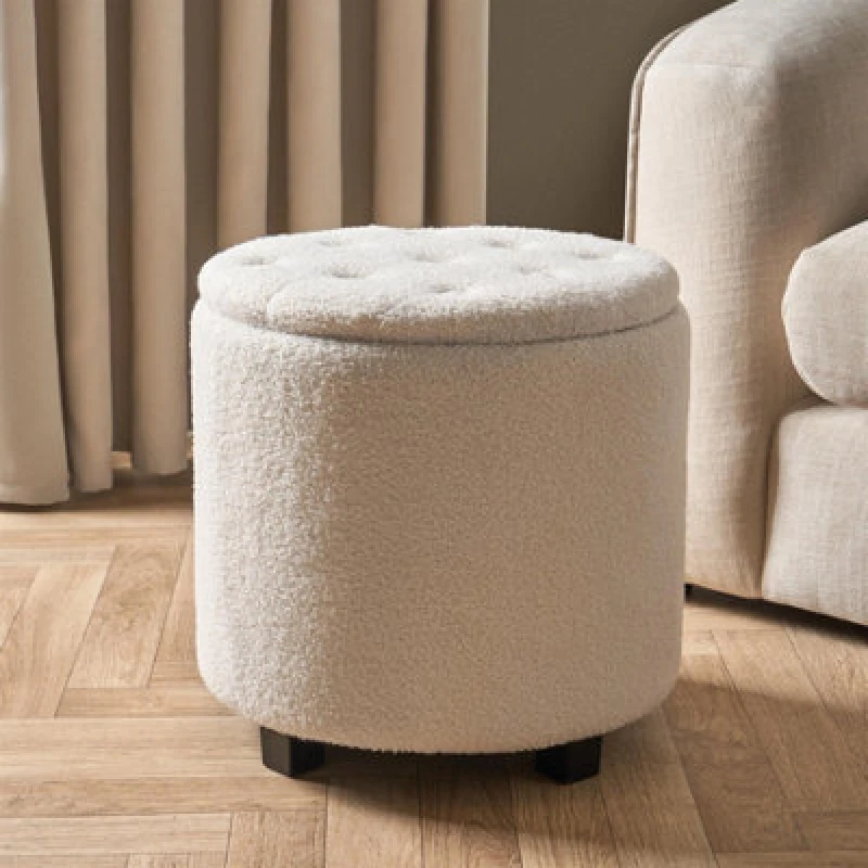 Image of OHS OHS Stool Storage Ottoman Boucle Fleece Vanity Seat Soft Foot Rest Pouffe Home Chair in Cream Cream One Size Unisex 5027434198276