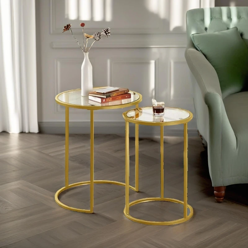 Image of Rafaelo Mobilia Set Of 2 Round Gold Nesting Tables With Tempered Glass Gold Unisex