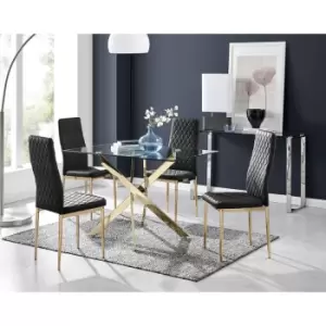 Image of Furniturebox UK - Furniturebox Leonardo 4 Gold Leg Glass Dining Table and 4 Black Milan Velvet Dining Chairs With Gold Legs Diamond Stitch Modern