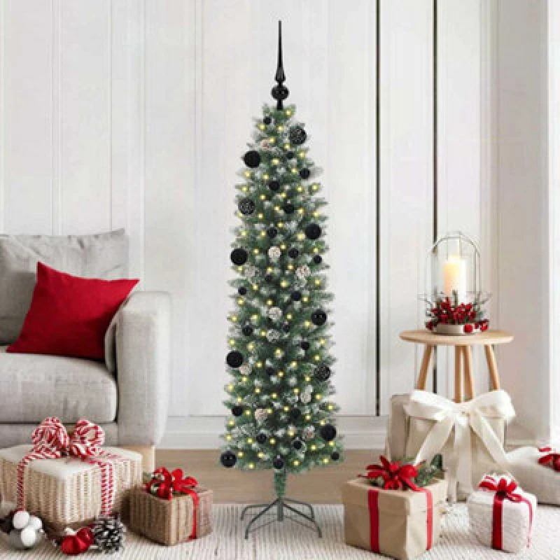 Image of vidaXL Artificial Slim Christmas Tree, Black Balls Green and white 150 cm, Green 3395282
