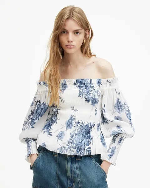 Image of AllSaints Lara Linen Silk Blend Floral Print Top