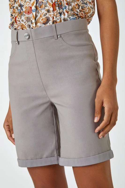 Image of Roman Womens Elastic Waist Turn Up Stretch Shorts in Taupe Size: 22 Taupe Female 22