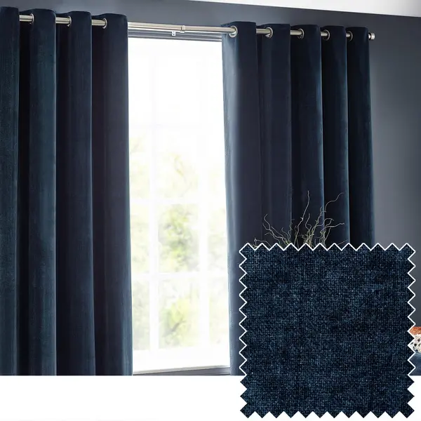 Image of Yard Heavy Chenille Woven Velvet Eyelet Curtain Navy