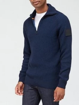 Image of Hugo Boss Akromos Quarter Zip Knitted Jumper Navy Size L Men