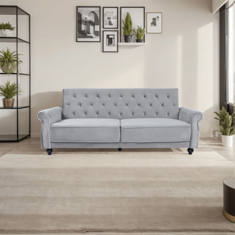 Image of FURNITURE ONE 3 Seater Sofa Bed, 225CM Velvet Sofa Bed Click Clack Sofa Bed with Solid Wool Legs Pale Grey