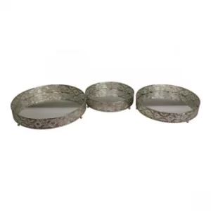 Image of Set Of 3 Silver Metal and Mirrored Candle Plates