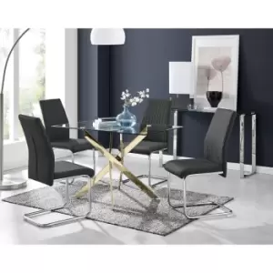 Image of Furniturebox Leonardo 120cm Modern Glass And Gold Metal Leg Dining Table And 4 Black Lorenzo Faux Leather Silver Chrome Leg Dining Chairs