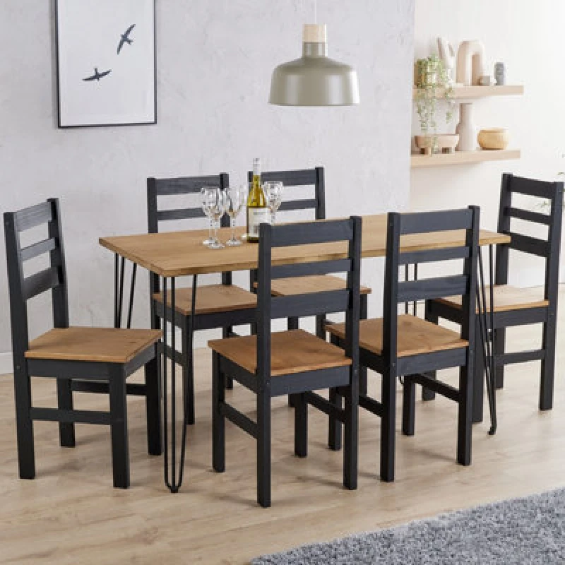Image of Core Products Augusta Antique Waxed Pine 150Cm Wide Dining Table With 6 Black Pine Chairs