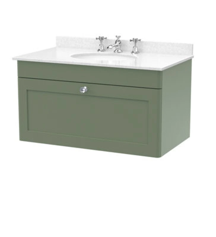 Image of nuie 800mm Wall Hung 1 Drawer Vanity & Marble Top 3TH - Satin Green CLC896WR3