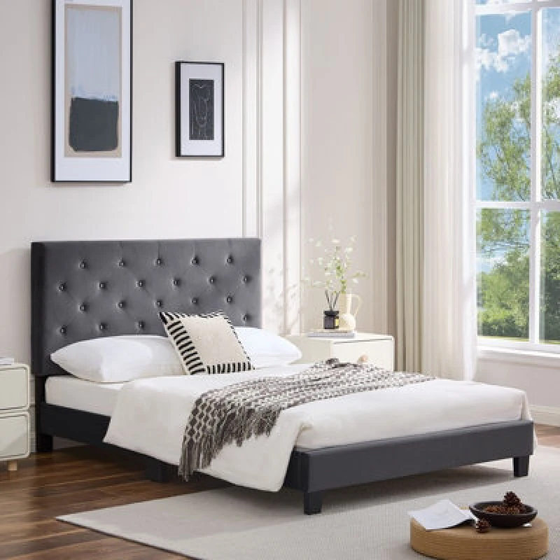 Image of Upholstered Platform Bed Frame With Adjustable Button Tufted Headboard