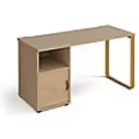 Image of Rectangular Sleigh Frame Desk With Support Pedestal And Cupboard Door Kendal Oak Wood/Metal Sleigh Legs Brass Cairo 1400 x 600 x 730mm
