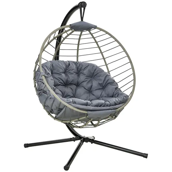Image of Outsunny PE Rattan Swing Chair, Outdoor Hanging Chair with Metal Stand, Thick Padded Cushion, Foldable Basket and Cup Holder, for Indoor Outdoor Grey