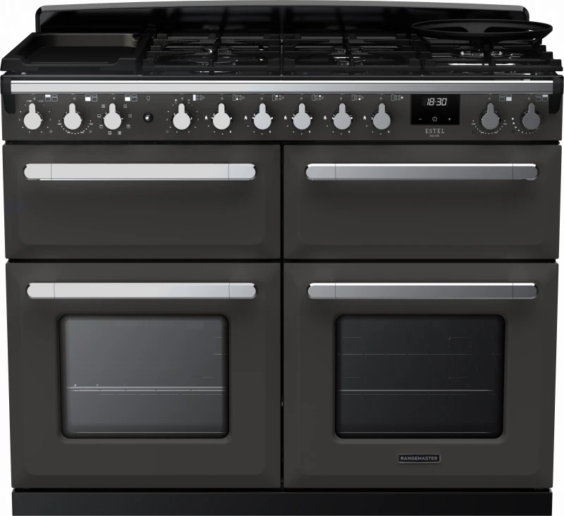 Image of Rangemaster Estel Deluxe ESDLB110DFPSLT/CM1 110cm wide Dual Fuel Range Cooker with Gas Hob - Slate / Chrome - A/A Rated
