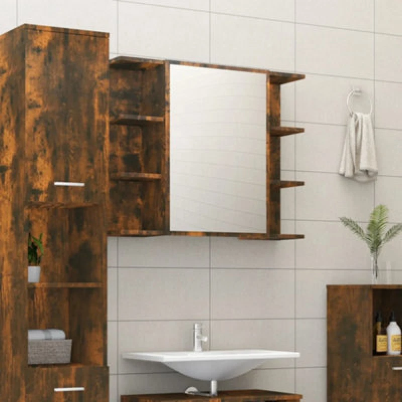 Image of Vidaxl Bathroom Mirror Cabinet Smoked Oak 80X20.5X64cm Engineered Wood, Brown 815522
