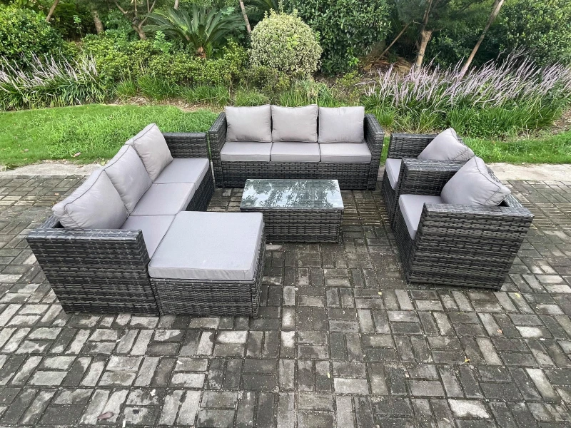Image of Fimous Outdoor Lounge Sofa Set Wicker PE Rattan Garden Furniture Set with 2 Armchair Oblong Coffee Table Big Footstool Dark Grey Mixed Dark Grey