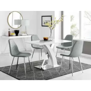 Image of Furniturebox UK - Furniturebox Atlanta White High Gloss And Chrome Metal Rectangle Modern Dining Table And 4 Elephant Grey Corona Faux Leather Dining