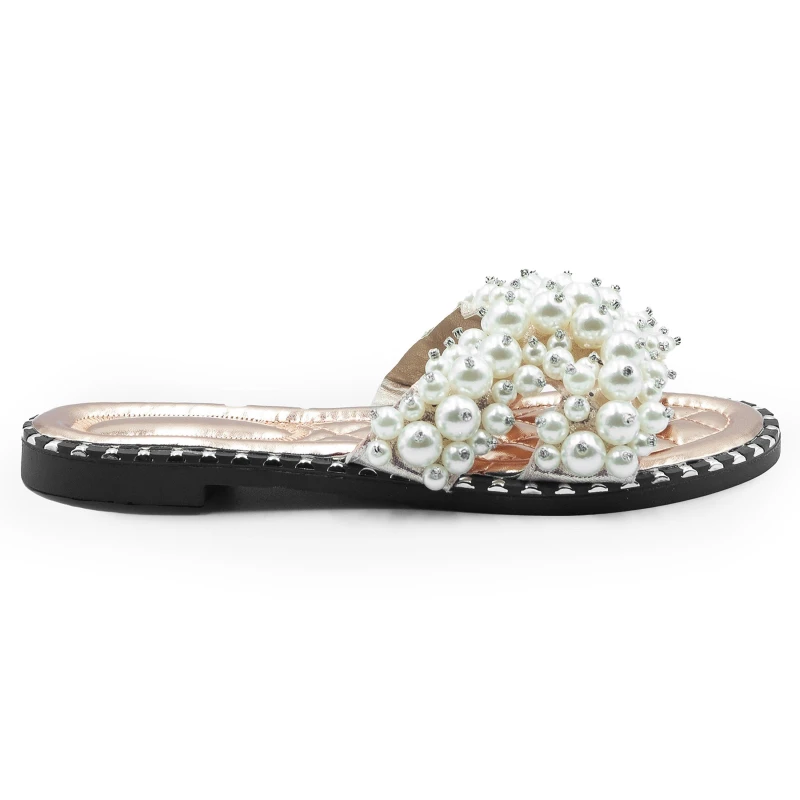 Image of Where's That From 'Eve' Pearl Flat Slider Sandals Rose Gold