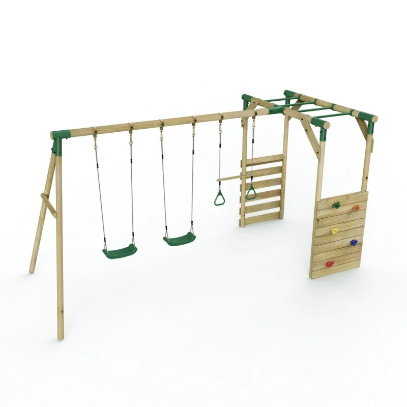 Image of Rebo Wooden Swing Set with Trapeze, Climbing Wall and Monkey Bars - Comet Green Green