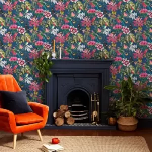 Image of Envy - Paradiso Deep Navy Floral Wallpaper - Navy