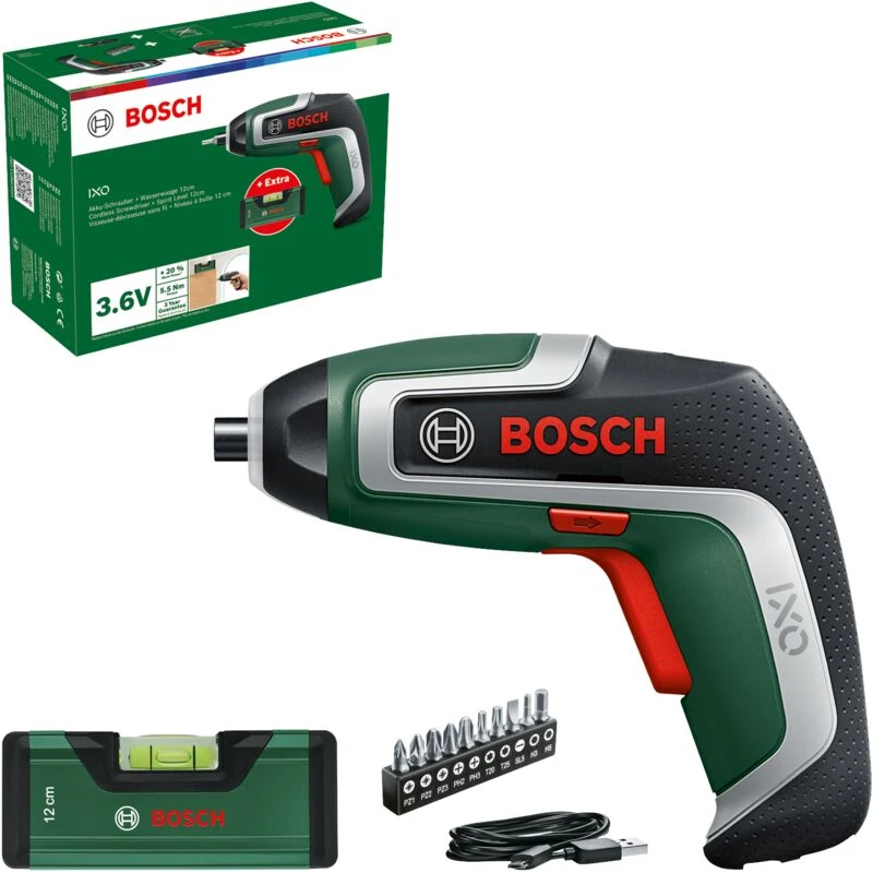 Image of Bosch IXO VII 3.6v Cordless Screwdriver and Pocket Spirit Level Set IXO VII Batteries: 1 x 2ah Integrated Li-ion