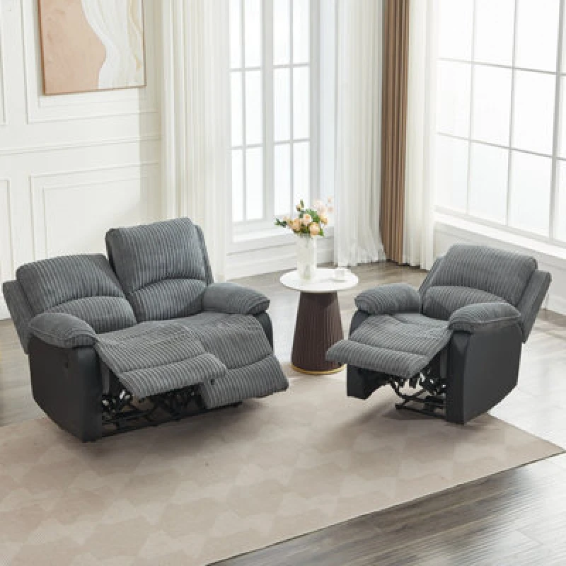 Image of Electric Reclining Sofa Set, Corduroy Fabric Recliner Sectional Sofa Suite - 1+2 Sofa Set