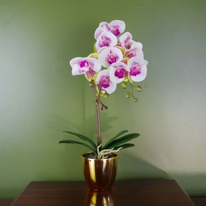 Image of Leaf 48cm Harlequin Orchid Artificial - Pink with Gold Pot Pink