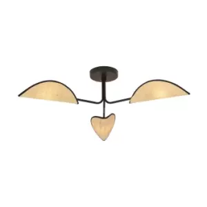 Image of Emibig Gomez Black Rattan Design Multi Arm Semi Flush Ceiling light with Brown Fabric Shades, 3x E14
