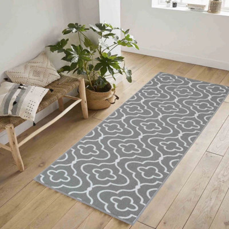 Image of Machine Washable Quatrefoil Design Anti Slip Doormats Grey 80X300 Cm