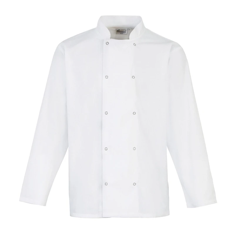 Image of Premier Premier Men Stud Front Long-Sleeved Chef Jacket in White Size: Medium White M Male 5063470799763