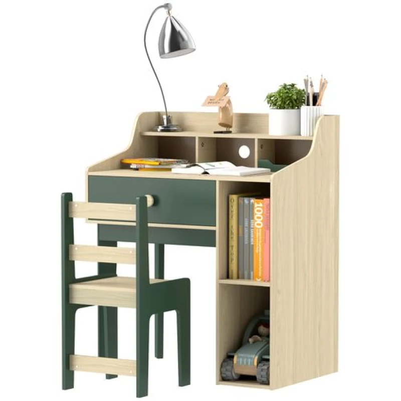 Image of AIYAPLAY Kids Desk and Chair Set with Storage Shelves - Drawer - Green TJ Hughes 5061025059645